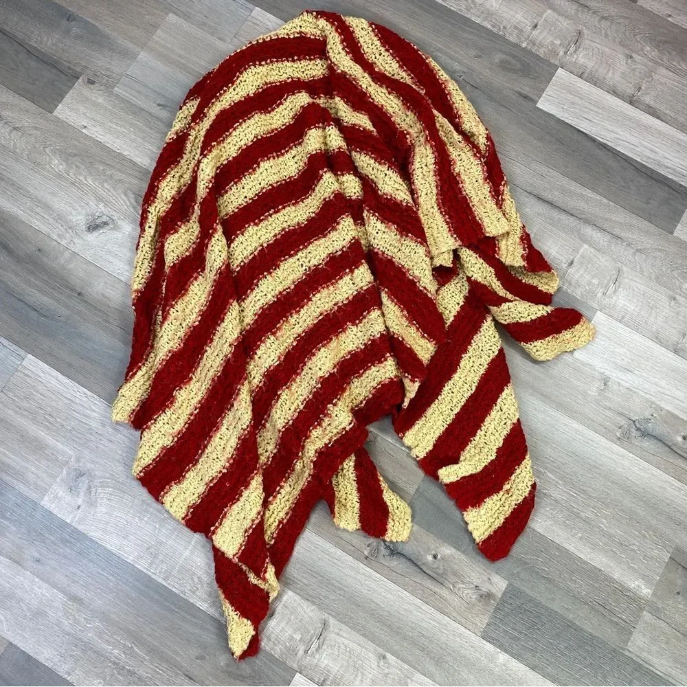 Striped Boucle Knit‎ Afghan Blanket Red Beige Boho 58 x 58